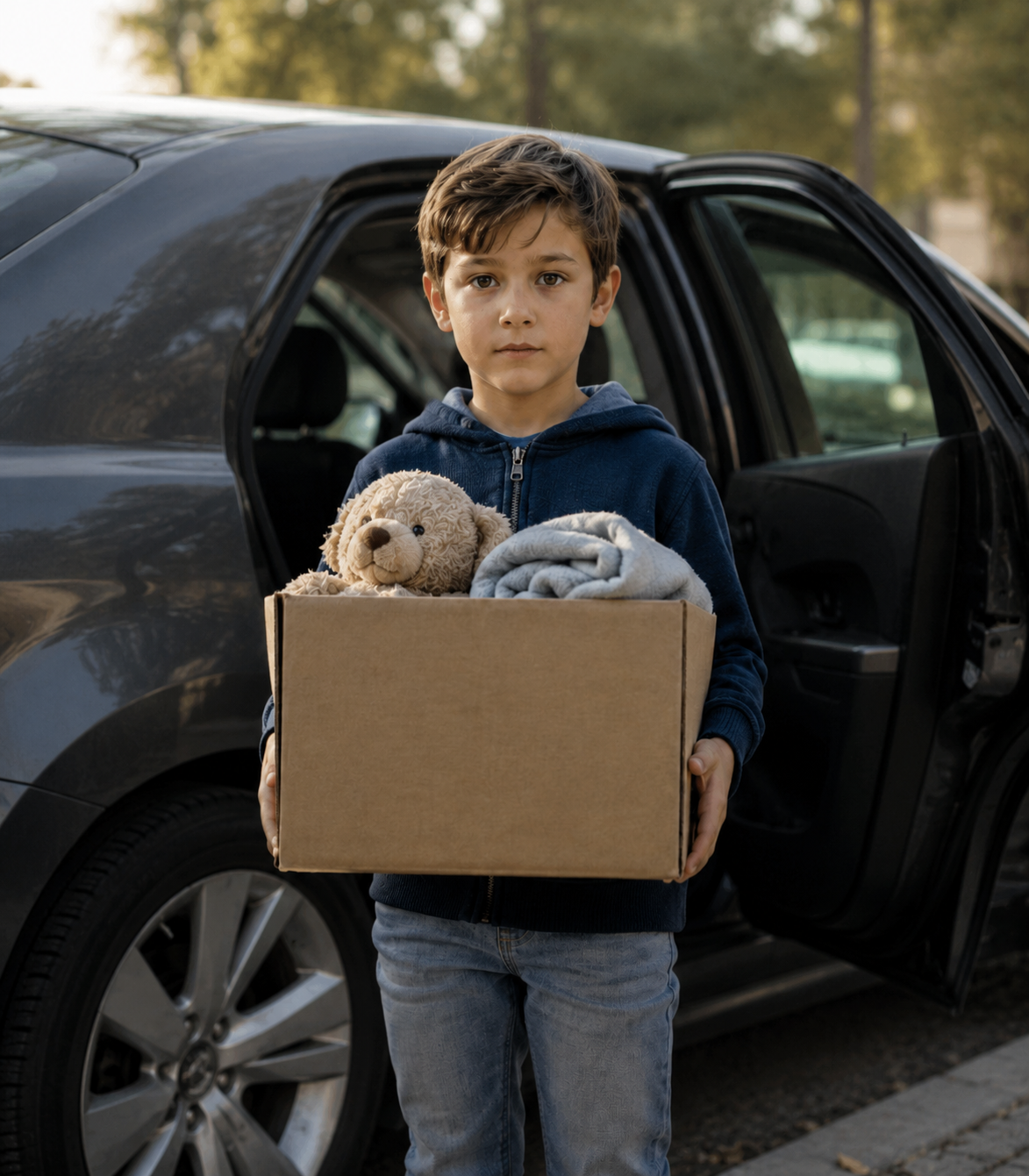 Young foster child holding a box of belongings outside a Sunrise residential center